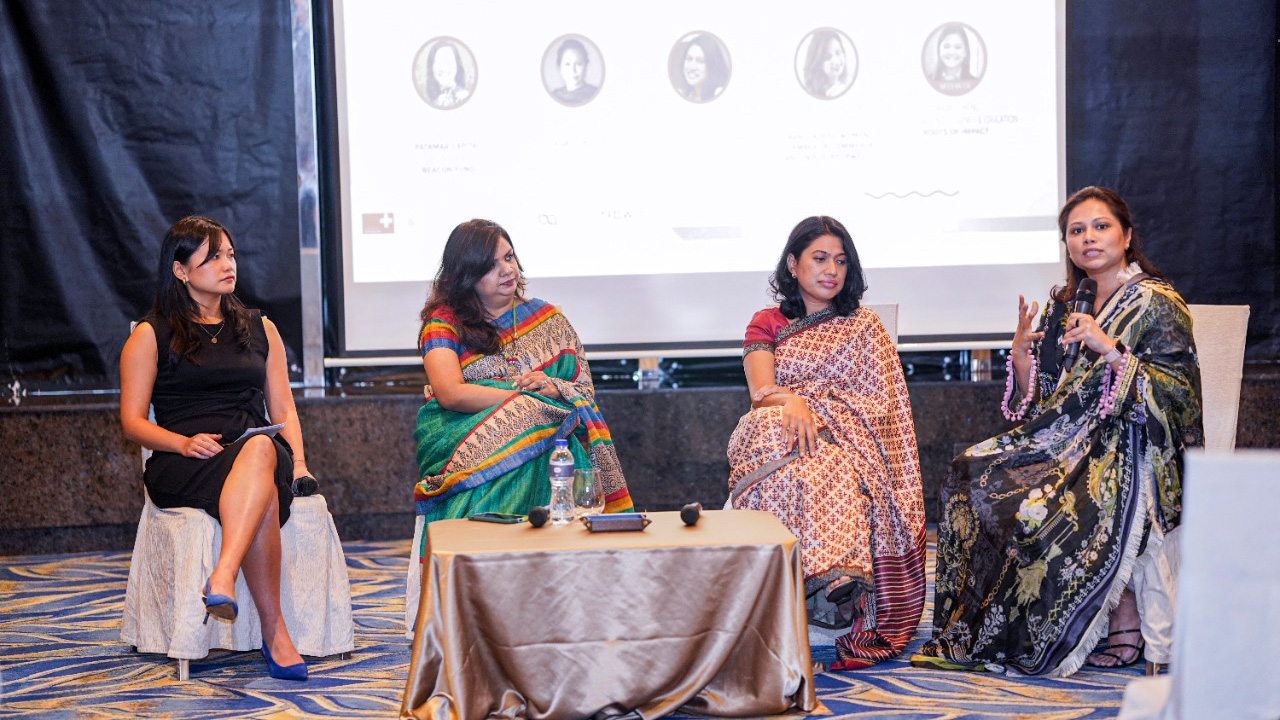 Maxime Cheng, Ridma Khan, Sharawwat Islam, and Anita Ghazi Rahman engaged in a panel discussion on using innovative financing instruments to support women-led and women-focused enterprises 