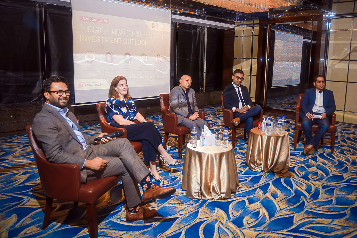 (From the left) Fahad Ifaz, Kerry Breen, Sami Ahmed, Rahat Ahmed, and Bijon Islam engaged in a panel discussion on the impact frameworks used in investing