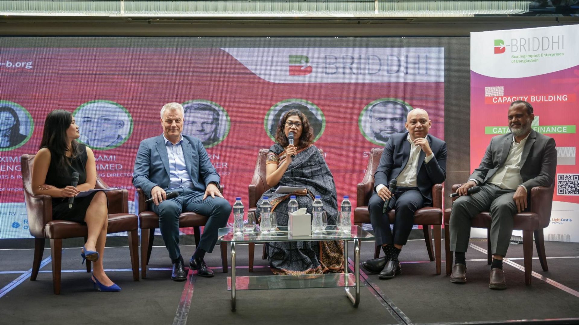 From left to right: Maxime Cheng,  Insights & Innovations Lead at Roots of Impact; Bjoern Struewer, Founder and Co-CEO of Roots of Impact; Sharawwat Islam, Managing Director of Truvalu Enterprises Bangladesh; Sami Ahmed, Managing Director of Startup Bangladesh Limited; and Syed Javed Noor, Deputy Managing Director of IDLC Finance Ltd.